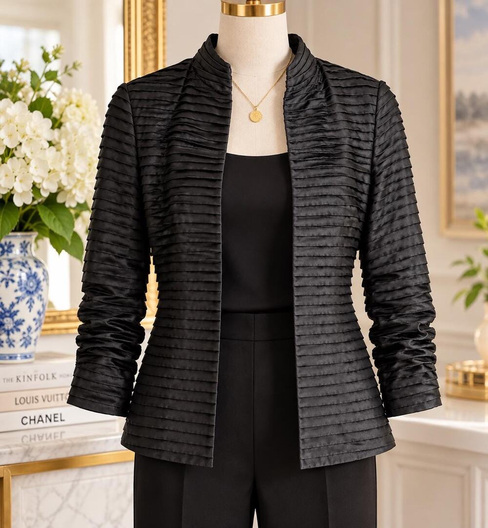 Dana Buchman 100% Silk Pleated Jacket Black Textured Open Front Vintage